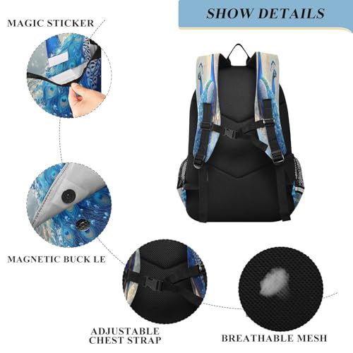 Beautiful Blue Peacocks Multi Compartment Student Backpack Reflective Stripes Travel Bag Casual Daypack School Bags for Boys Girls3