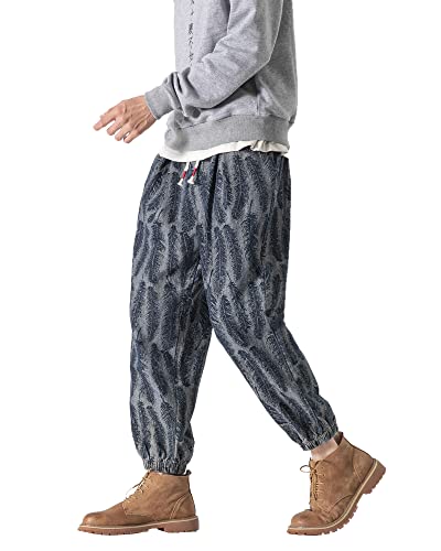 PRIJOUHE Pantalones de mezclilla para hombre, cintura elástica, con cordón, ajuste regular, pierna cónica, desgastados, azul., Large