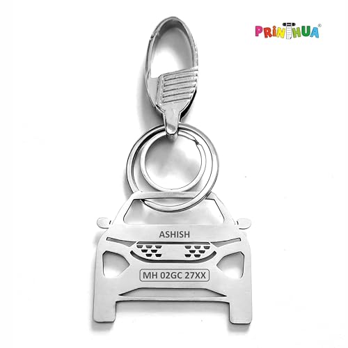 Image of PRINTHUA Personalized Stainless Steel Car Keychain - Customize Your Car Number Plate on Car Model Keychain, Gift for Car Lovers, Family Members & Loved Ones, Silver