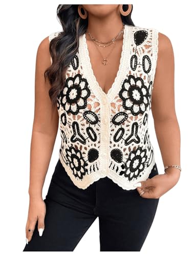 Verdusa Women's Plus Size Floral Crochet Vest Tops Button Front Sleeveless Sweater Knit Top
