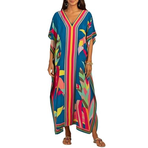 Bsubseach Women Plus Size Kaftan Dress Swimsuit Cover Up Caftan Maxi Beach Dresses Cover Ups One Size Blue