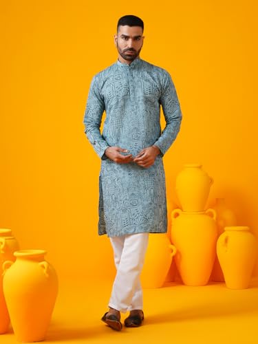 Sojanya (Since 1958 Men'S Cotton Silk Kantha Thread Embroidered Kurta With White Pyjama2