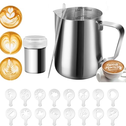 Milk Frothing Pitcher Set - 350ml /12oz Milk Jug 304 Stainless Steel Milk Cup with Latte Decorating Art Pen, Chocolate Powder Shaker and 16 Coffee Molds Stencils for Making Coffee Cappuccino Frothing