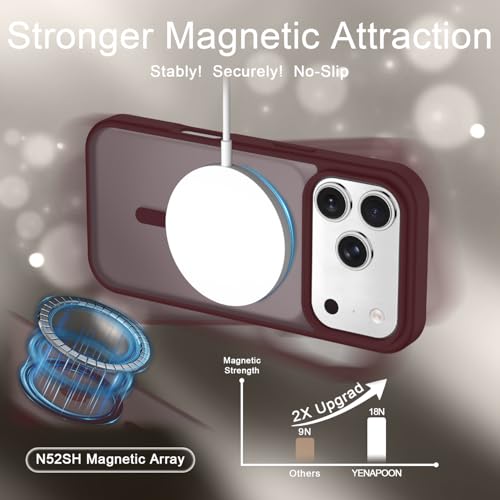 Image of YENAPOON for iPhone 17 Pro Max Case, Matte Magnetic Phone Cover [with 1 Screen Protector] [Support for MagSafe] [Shockproof Military Grade Protection] Translucent Frosted Back, Wine Red