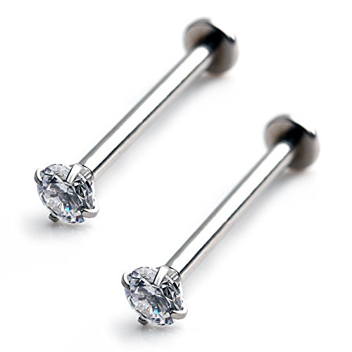 Ruifan 2PCS Clear Cubic Zirconia Tongue Labret Cheek Ring Piercing Retainer 14 Gauge