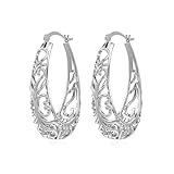 Charmsy 925 Sterling Silver Post Filigree Hoop Earrings for Women | Medium Lightweight Oval Click-Top Hoops Earring | Size 32MM