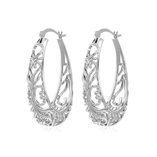 Charmsy 925 Sterling Silver Post Filigree Hoop Earrings for Women | Medium Lightweight Oval Click-Top Hoops Earring | Size 32MM