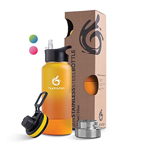 hydro2go Edelstahl Trinkflasche mit Strohhalm – BPA-frei, 3 Deckel, hält Getränke 12h heiß & 24h kalt, ideal für Kinder, Sport & Outdoor, 950 ml