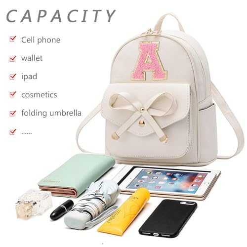 Image of Initial Cute Mini Backpack for Women, Bowknot Small Backpack Purse Personalized Letter Style Travel Leather Backpack Shoulder Bag, White (Letter A)