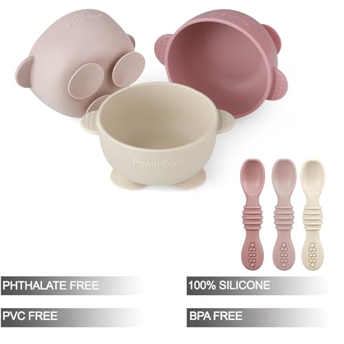 PandaEar 3 Pack Babysaugschalen &3 Babylöffel| Leckdichte Aufenthalts Silicon Food Bowl für Babys Kinder Kleinkinder Säuglinge | Lebensmittelqualität weiches BPA-freies Silikon (Rosenrosa Leinen)
