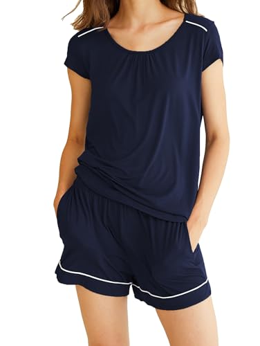 Famulily Ladies Cute Summer Pajamas Set Crew Neck Comfy 2 Piece Pjs Women Shirt and Shorts Sets with Pockets Navy L