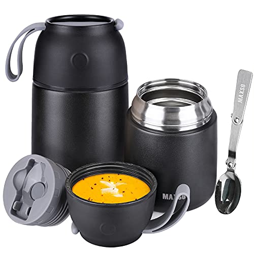 Insulated Thermo Food Jar for Hot & Cold Food for Kids Adult, 17&24 oz Soup Thermal Hot Food Containers for Lunch, Triple Layer Insulation Stainless Steel Food Jar with Spoon (2 Pack Black)