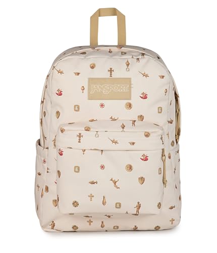 Image of JanSport SuperBreak Plus Backpack with Padded 15-inch Laptop Sleeve and Integrated Bottle Pocket - Spacious and Durable Daypack for Work and Travel, Gilded Relics Moon Flower /Gold