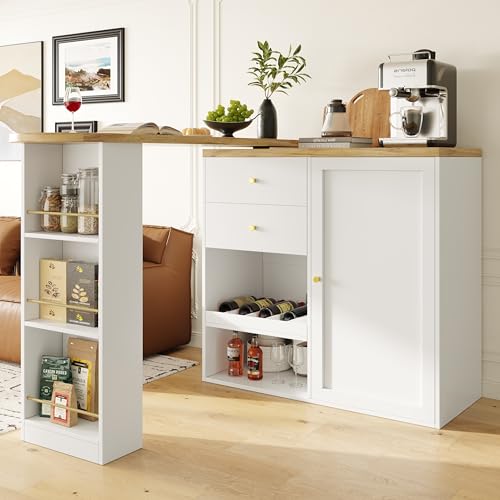 Lcoho Mesa de bar giratoria 360° (cuerpo principal 105 x 39 x 102 cm), con 2 cajones y armario de puerta corredera, 3 niveles de espacio de almacenamiento abierto, adecuada para comedor/estudio/sala