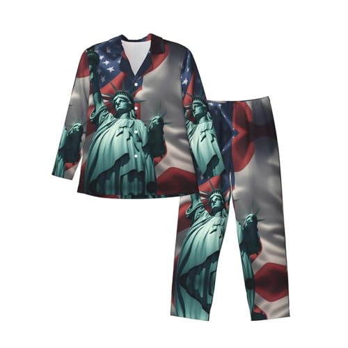 Statue Of Liberty Flag Mens Pajamas Set, Sleepwear Button Down Pjs Set For Bedtime Routine, Morning Lounge
