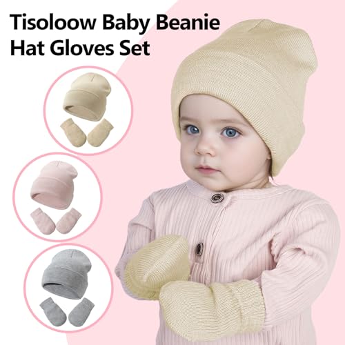 Image of Baby Beanie Hat Mittens Set Toddler Beanie for Little Boys Girls Children Kids Winter Warm Knit Hat with glvoes