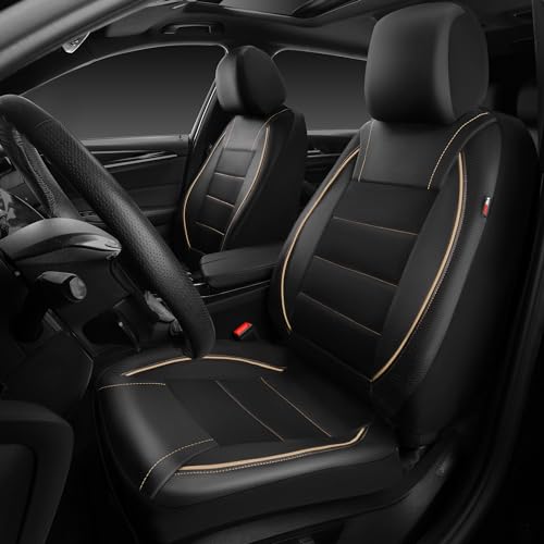 Image of CAR PASS Universal FIT Piping Leather Two Front Seat Covers, Waterproof Faux Leather for SUV Sedan Van Truck, Airbag Compatible,Reserved Opening Holes for Headrest Covers. (Black and Beige)