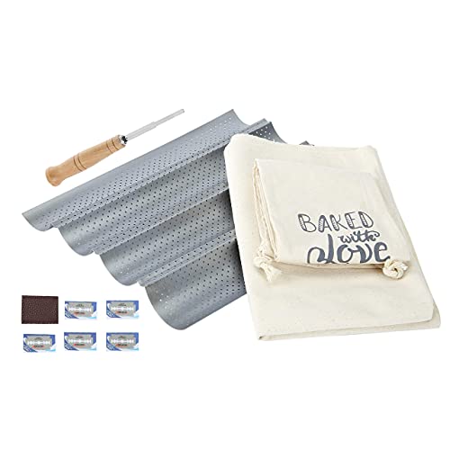 Julkya French Bread Baking Kit - Nonstick Perforated Baguette Pan 15"X13", Sourdough Scoring Lame With Extra Blades And A Bread Proofing Couche + Bonus Baguette Bag- Complete Baguette Making Kit #TOP3