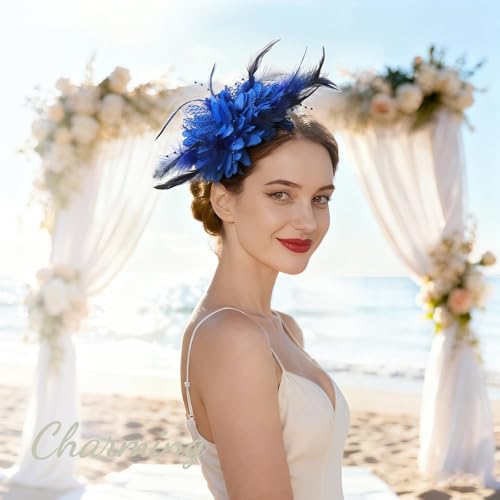 Image of DRESHOW Womens Fascinators Hats Tea Party Hats for Women Pearl Lace Feather Hat Vintage Derby Hats for Wedding Cocktail
