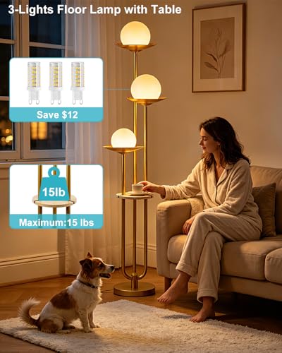 Image of Lightdot 3-Globe Dimmable Floor Lamp with Table Modern Floor Lamps 3000K Warm White Bulbs Included Gold Tall Standing Lamp with 5Lbs Heavy Base for Living Room /Bedroom /Sofa Beside /Corner Decor