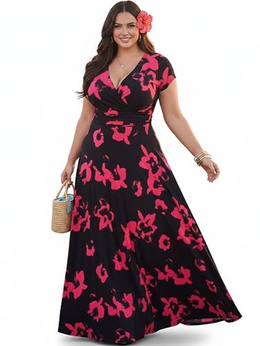 Image of KOH KOH Womens Short Cap Sleeve Summer Floral Print Long Casual Maxi Dress