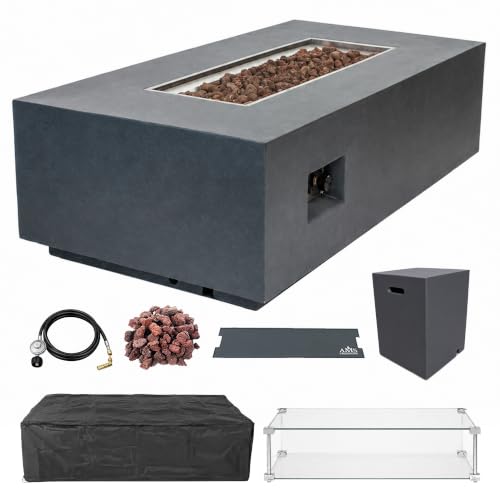 Image of AMS Creations | Chelsea 55 inches Rectangular Propane Gas Outdoor Fire Pit Table | Concrete GFRC Fire Pit Table | with SS Burner, Tank Cover, Canvas Cover, SS Lid, Lava Rock, and Wind Guard Included