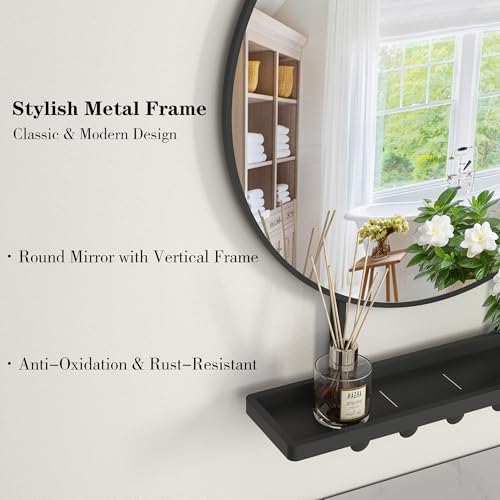 Image of BEAUTME Wall Mirror with Shelf and Hooks, 32x22 Inch Metal Framed Round Bathroom Mirrors with Shelf, Modern Farmhouse Wall Decor for Living Room Bedroom Entryway, Vertical (Black)