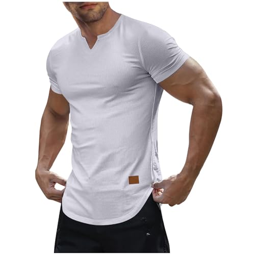 Men's T Shirts V Neck Short Sleeve Tops Muscle Slim Fit Stretch Shirts Summer Casual Workout Fitness Basic Tees