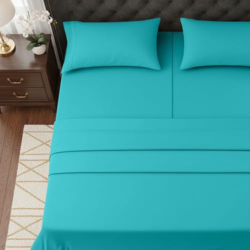 Image of Elegant Comfort Luxurious 1500 Premium Hotel Quality Microfiber Three Line Embroidered Softest 5-Piece Bed Sheet Set, Wrinkle and Fade Resistant, Split King, Turquoise