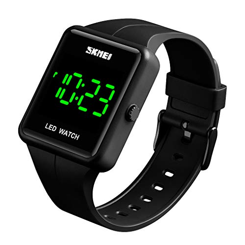 Gosasa Montre numérique LED carrée unisexe à grand cadran tendance étanche 3 bars pour homme montre pour femme étudiant bracelet en silicone (noir)