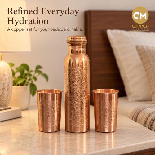 Image of Copper-Master Pure Copper Water Bottle 1L & 2 Glasses Set, Floral Etched