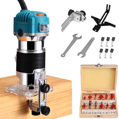 Tanniws 800w 6.5amp cortador de madera Velocidad ajustable de mano estable 2000-31000 RPM Herramienta de enrutador de madera compacta Router de mano portátil DIY con 15 piezas Router Bits