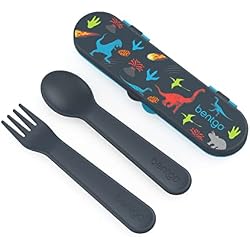 Bentgo Kids Plastic Utensil Set with Fork, Spoon, & Storage Case | Reusable, PFAS- & BPA-Free, Easy-Grip Handles, Lightweight, Dishwasher Safe, School, Travel & On-the-Go (Dinosaur)