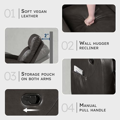 Lexicon Manual Recliner Chair, Faux Leather Reclining Chair, Wall Hugger, Track Arms, Magazine Pockets, Manual Recliner for Living Room/Office/Apartment, Easy Assembly, Espresso - Image 4