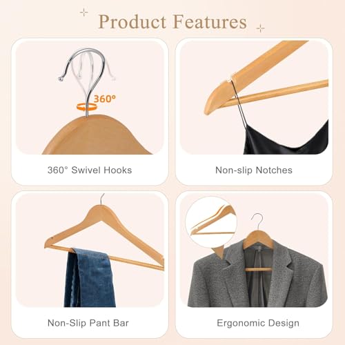 Image of WHISKET | Premium Wooden Hangers - Wood Hanger with 360-Degree Rotatable Hook - Clothes Hangers with Non-Slip Shoulder Notches for Shirts & Coats. (Beige) [Pack of 60]