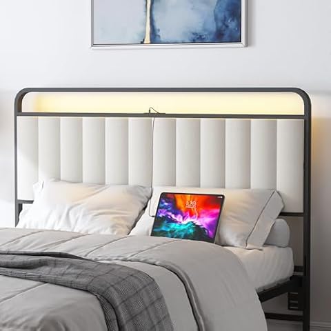 Decoholic Queen Size Headboard Only, Boho White Padded Upholstered Headboard with Charging Station & Led Lights, Sturdy and Easy Assembly Cover