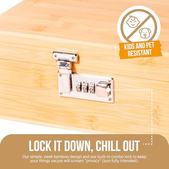 The OG Storage Box - Large Bamboo Box with Combination Lock, Magnetic Lid, Organizer Tray, Airtight Tube and 3 Smell-Proof Jars - Discreet Decorative Locking Wooden Box with Accessories (Wood/Silver)