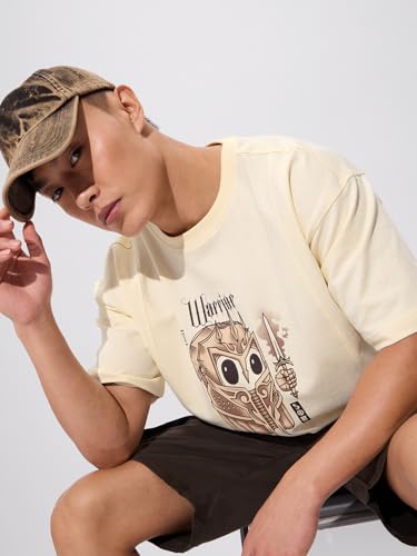 Image of The Souled Store Warrior Soul Men and Boys Short Sleeves Round Neck Yellow Graphic Printed Cotton Oversized T-Shirts