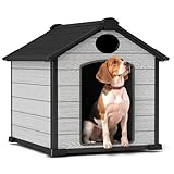 Large Dog House Weatherproof, 45'' L Outdoor Dog Houser for Medium Large Dogs, Resin Plastic Igloo Dog House with Elevated Floor, Easy Assembly，Black and Grey