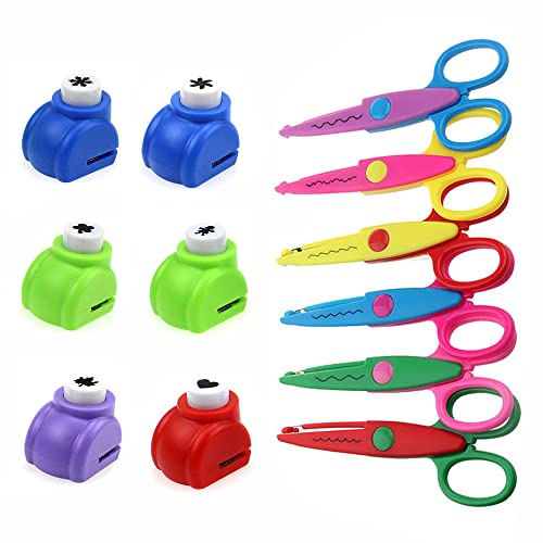 Paquete de 12 juegos de manualidades para niños con tijeras y punzones seguros -Patrón de ondas y tijeras en zigzag para manualidades creativas con papel