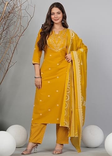 Image of Amayra Women's Pure Cotton Embroidered Straight Kurta Set with Palazzo Pants & Dupatta- Ethnic Wear