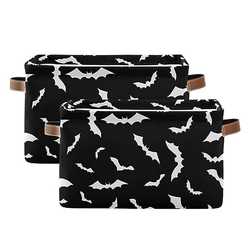 Image of Halloween Black Bat Storage Basket Fabric Kitchen Baskets Spooky Happy Halloween Open Home Storage Bins Boxes Foldable Organizer Bag for Baby Cloth Pet Toy Book Shelf Closet Baskets 2 Pack 16x12x8