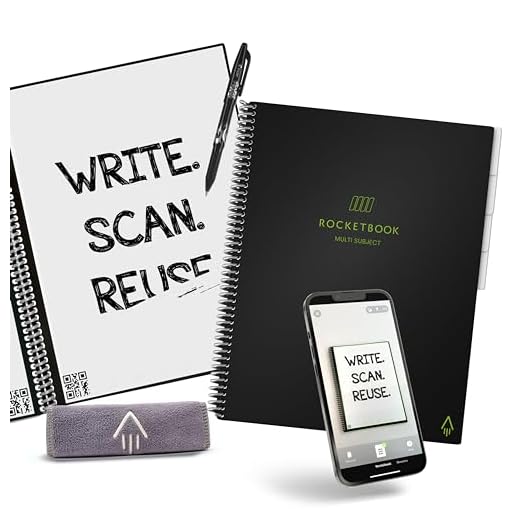 Rocketbook Caderno inteligente reutilizável multiassunto | Caderno ecológico, conectado digitalmente com divisórias | forrado, 21,6 cm x 28 cm, 70 PG, preto, com caneta, pano e aplicativo incluídos