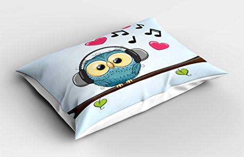 Ambesonne Music Pillow Sham, Cartoon Owl Headphones Hearts Leaves Fashion Playful Fun, Decorative Standard Size Printed Pillowcase, 26" X 20", Blue Brown image 5