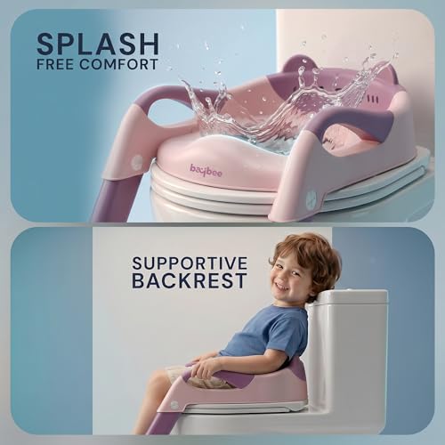 Image of Baybee Aura Pro Baby Ladder Potty Training Seat for Kids | Foldable Baby Western Toilet Seat with Adjustable Height, Grip Handle & Backrest | Potty Training Seat Chair for Kids 1 to 8 Years (Pink)