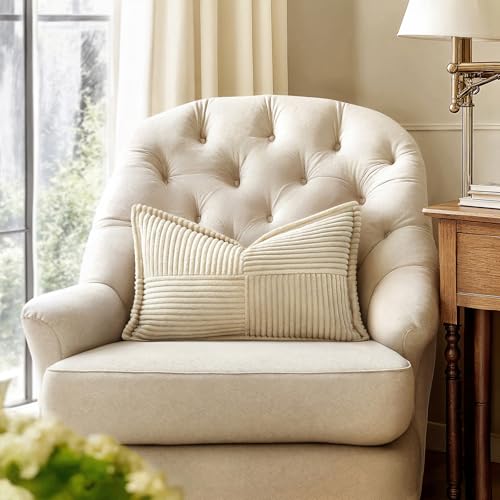 Image of MIULEE Decorative Lumbar Throw Pillow Covers for Couch Bed Livingroom 12x20 Inch Set of 2 Cream Boho Accent Throw Pllows Broadside Striped Patchwork Soft Corduroy Pillowcases