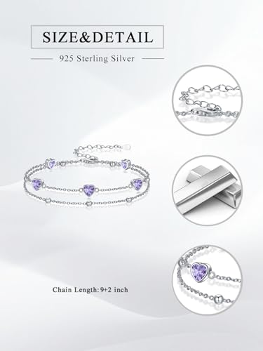 Image of Birthstone Anklet /Bracelets for Women 925 Sterling Silver Charm Link Double Strand Heart Birthstone Jewelry Gift for Wife Women Mother's Day Gift