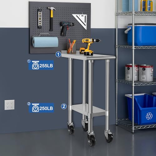 Image of HARDURA Stainless Steel Commercial Work Table with Wheels Prep & Work Metal Table 24x12 Inches Heavy Duty NSF with Casters and 2 inch Backsplash