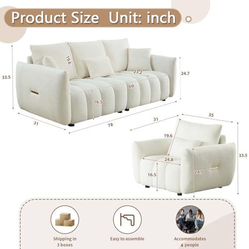 Image of Antetek Teddy Fabric Sofa Set for Living Room, Modern Deep Seat Sofa Chair and Oversized 3-Seater Cloud Boucle Couch for Bedroom, Office, Apartment, Furniture Set, Beige (2 Piece)