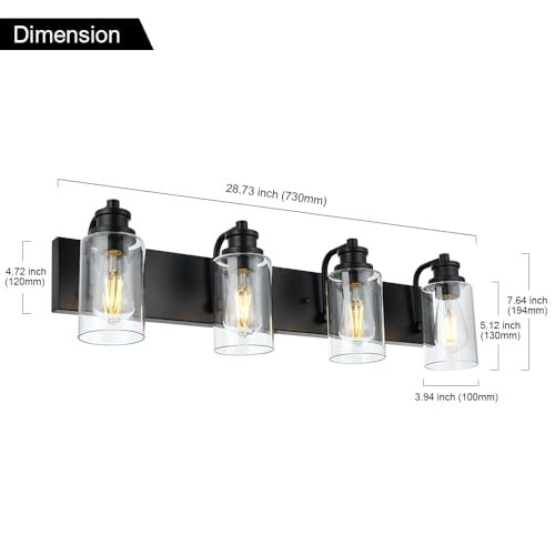 Image of 4-Light Bathroom Vanity Light, 28 inch Black Bathroom Lighting Fixture with Clear Glass Shades, Modern Wall Lamp for Bathroom Mirror, Bedroom, Hallway, Living Room, Cabinet